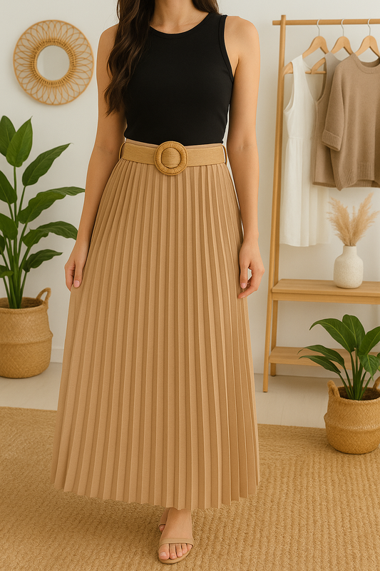 Jupe longue Plissée +ceinture Beige